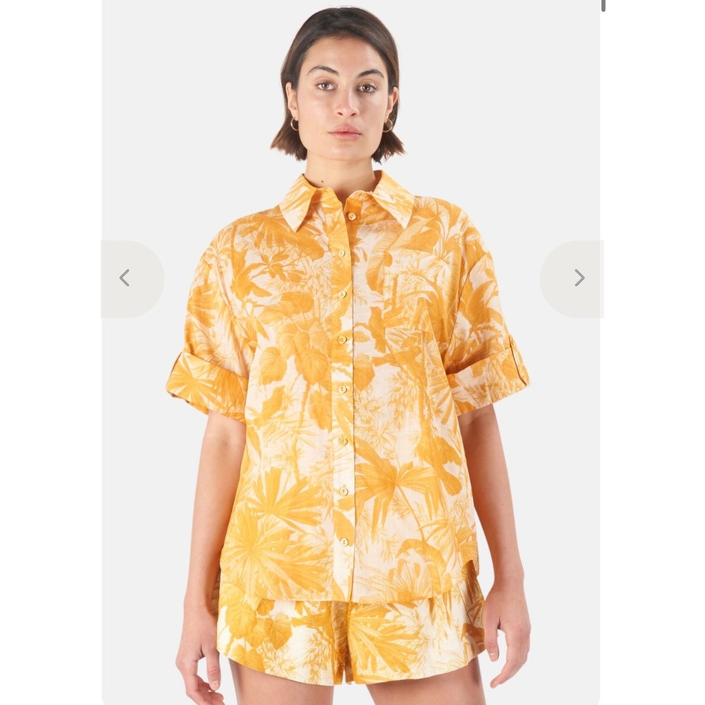 Zimmermann Mae Cuffed Tropical Bird Button Down Short‎ Sleeve Shirt Amber Palm 3